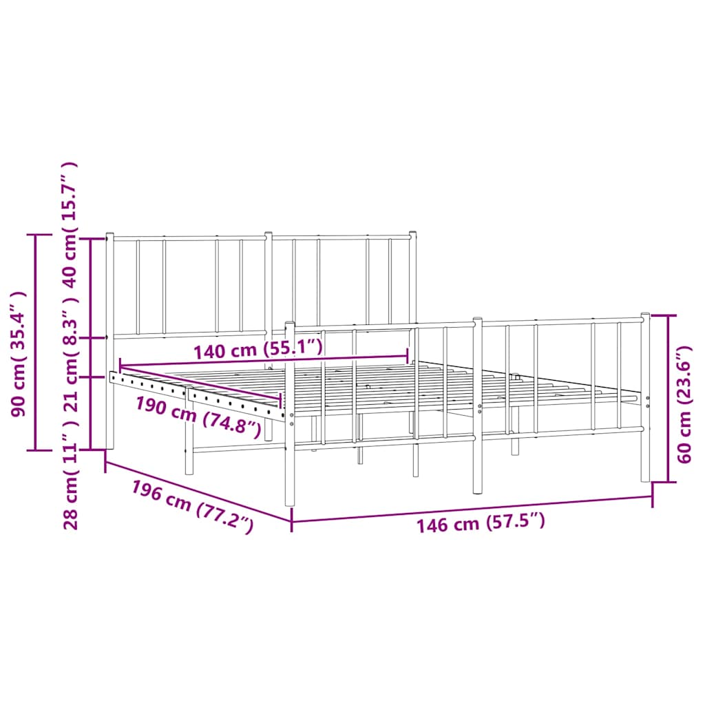 sengeramme med sengegavl og fodgærde 140x190 cm metal sort