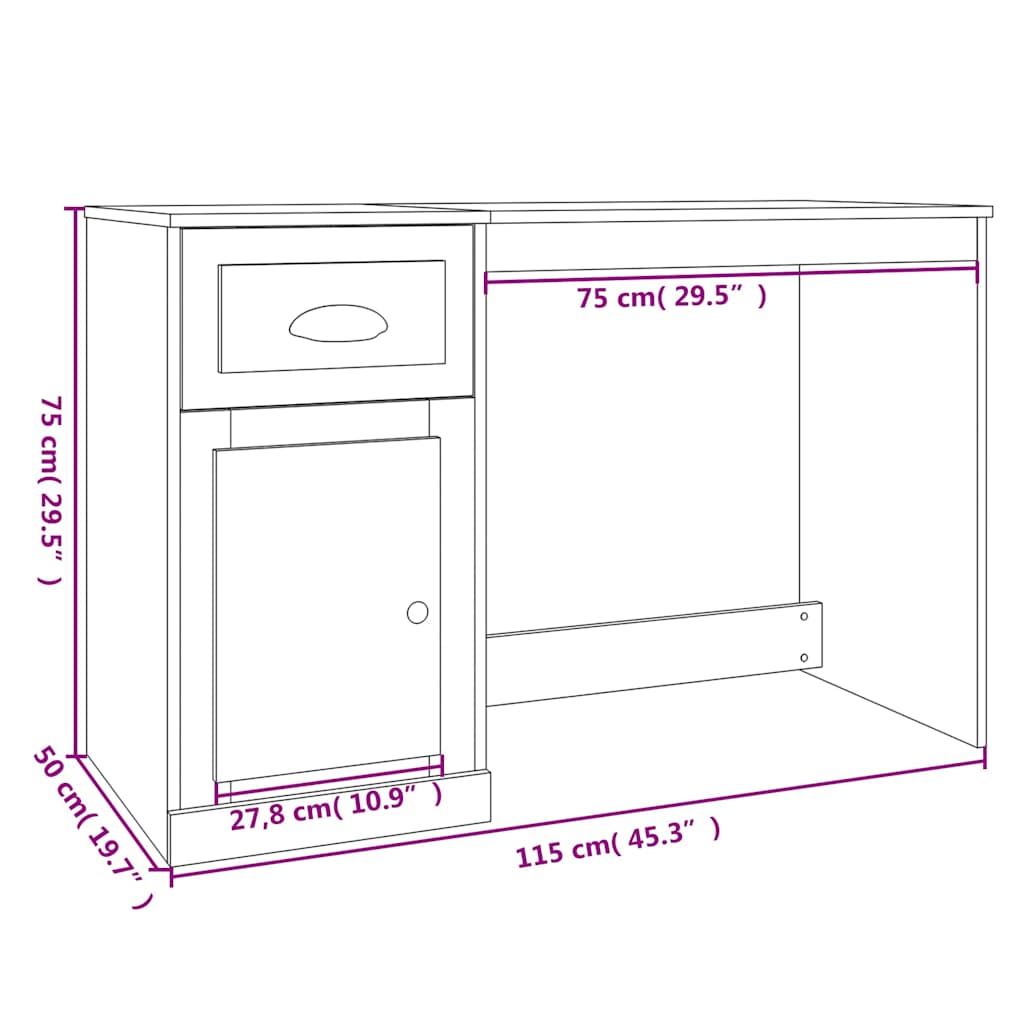 skrivebord med skuffe 115x50x75 cm konstrueret træ røget egetræ