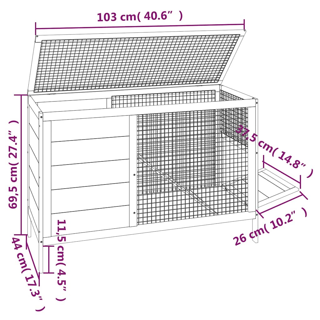 kaninbur 103x44x69,5 cm massivt fyrretræ rød