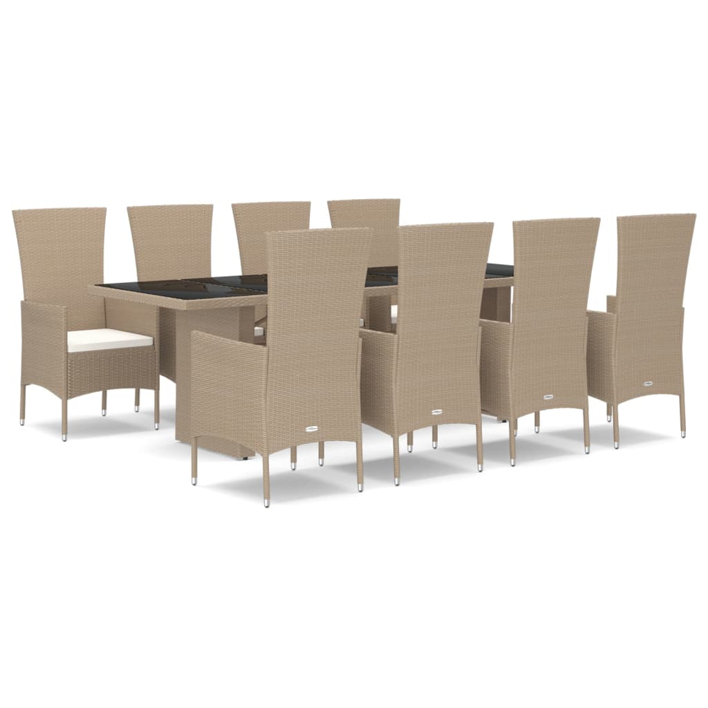 spisebordssæt til haven 9 dele med hynder polyrattan beige