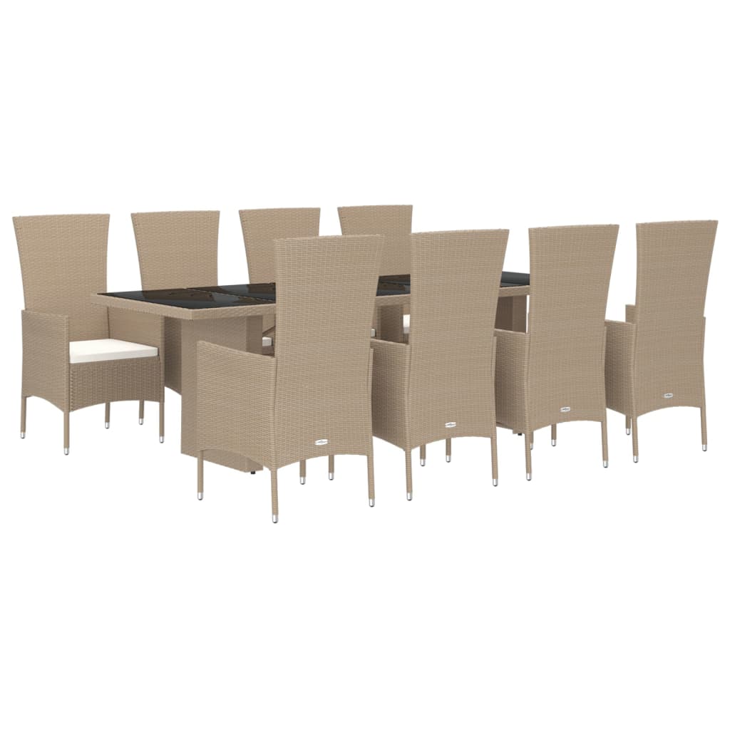 spisebordssæt til haven 9 dele med hynder polyrattan beige