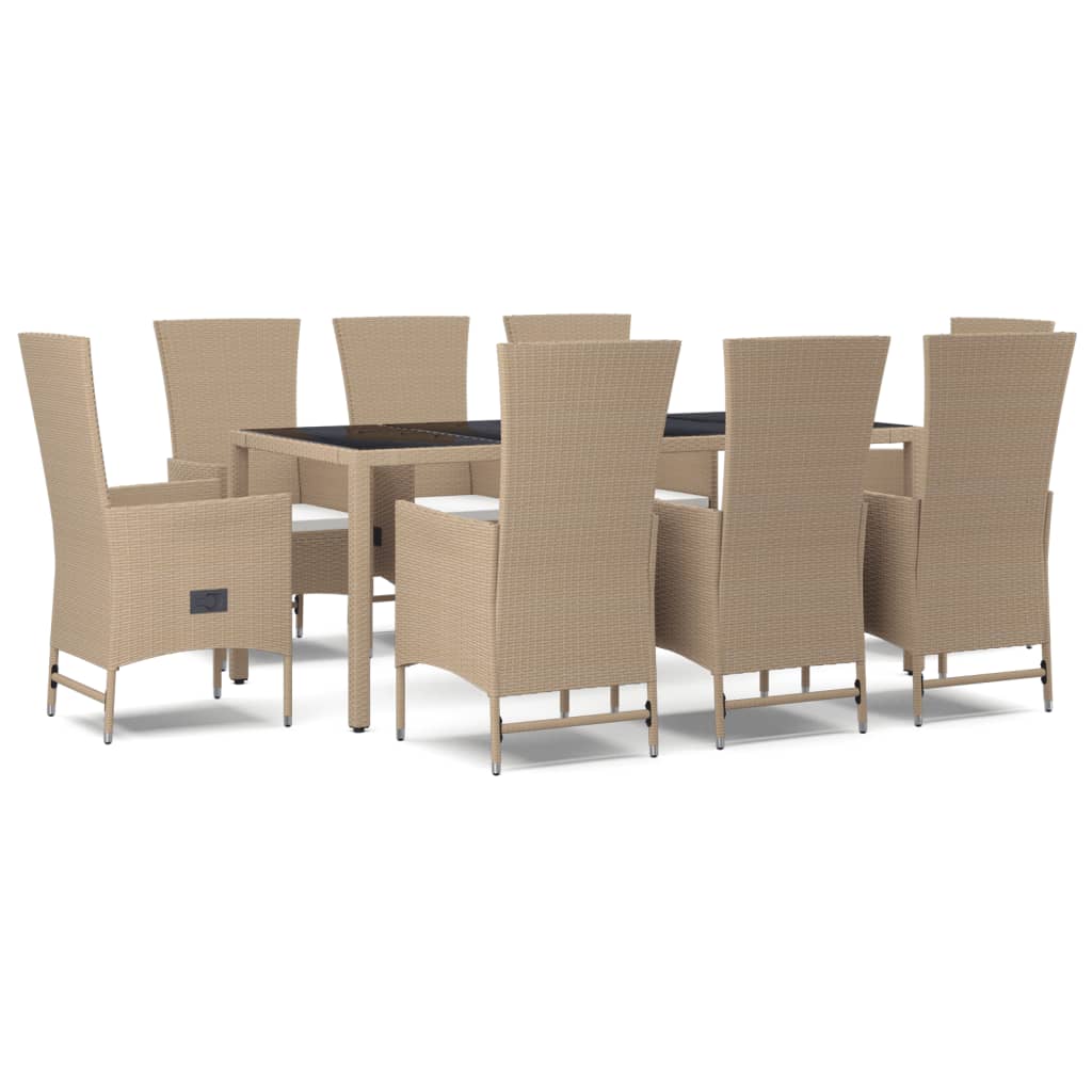 spisebordssæt til haven 9 dele med hynder polyrattan beige