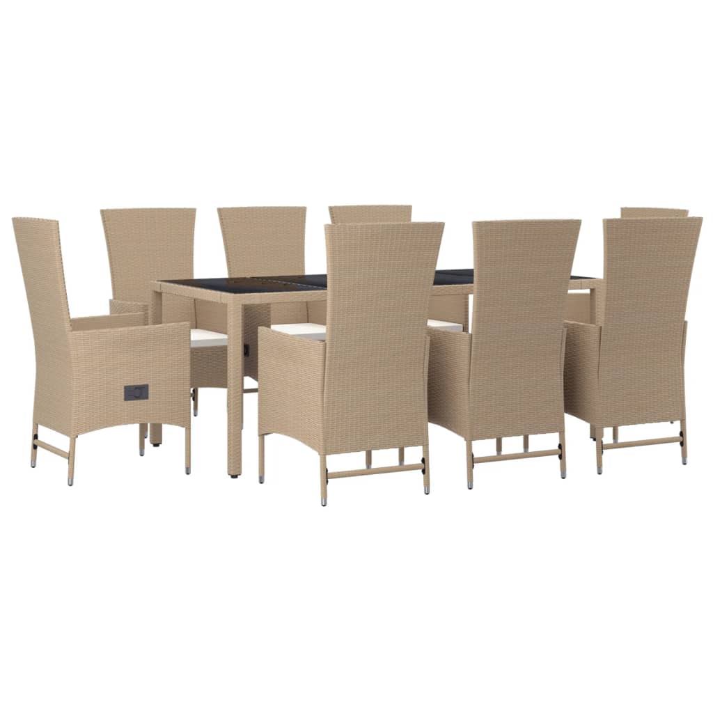 spisebordssæt til haven 9 dele med hynder polyrattan beige
