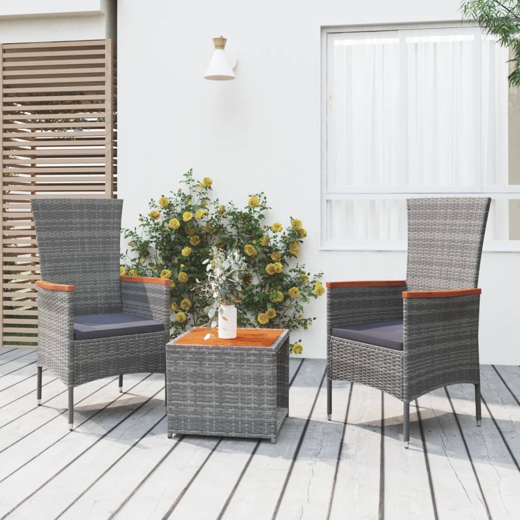 loungesæt til haven 3 dele polyrattan og akacietræ grå