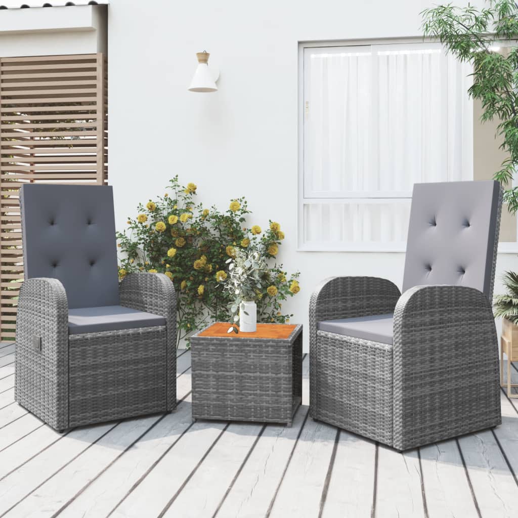 loungesæt til haven 3 dele polyrattan og akacietræ grå
