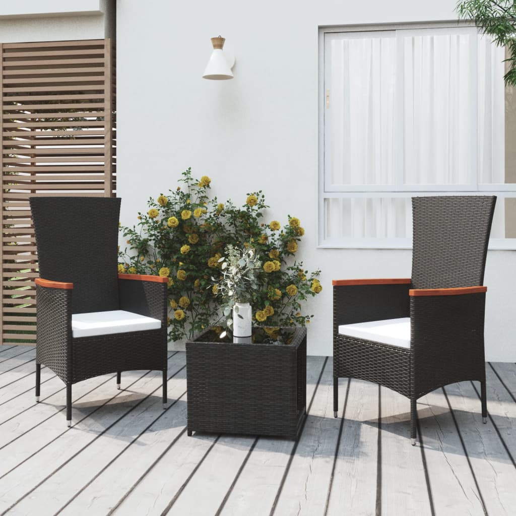 loungesæt til haven 3 dele polyrattan og stål sort