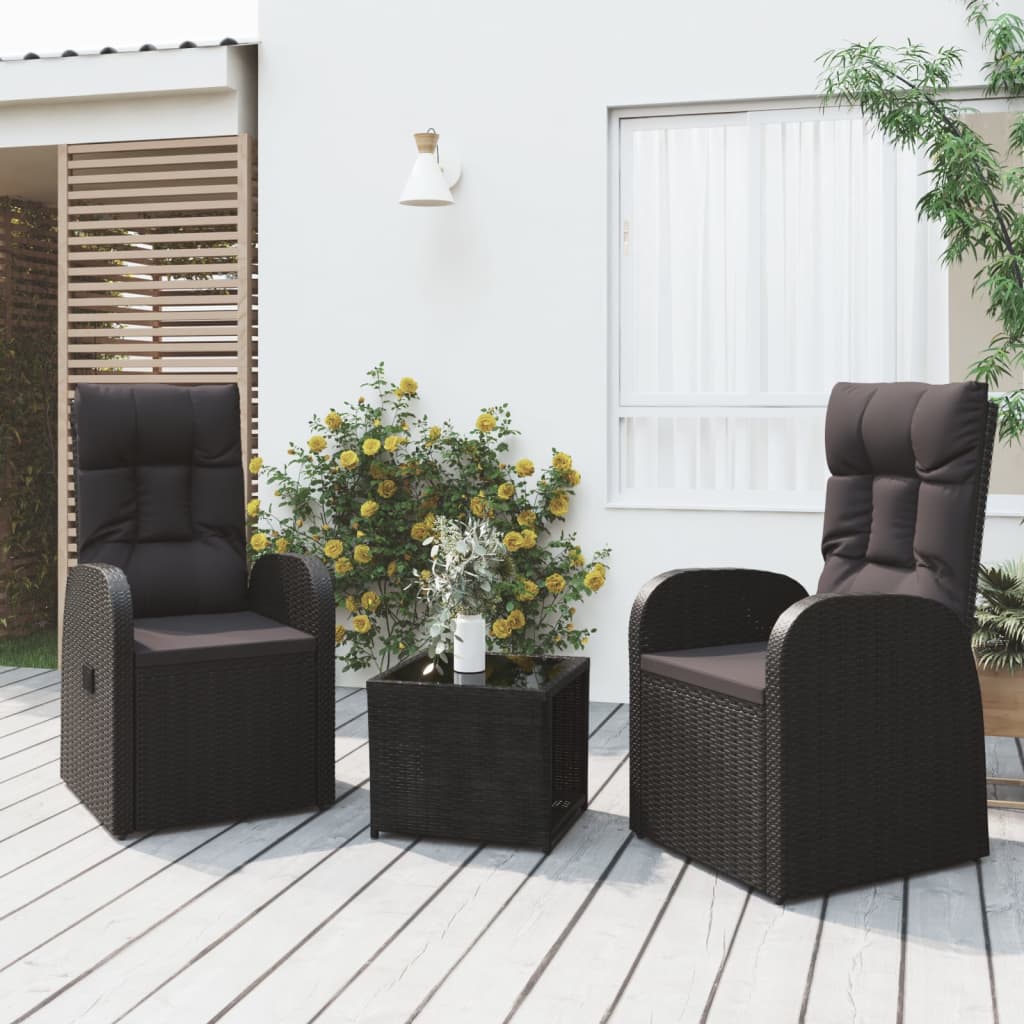 loungesæt til haven 3 dele polyrattan og stål sort