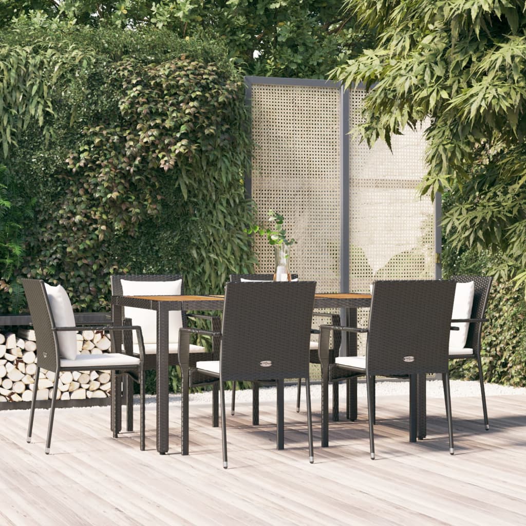 spisebordssæt til haven 7 dele med hynder polyrattan sort