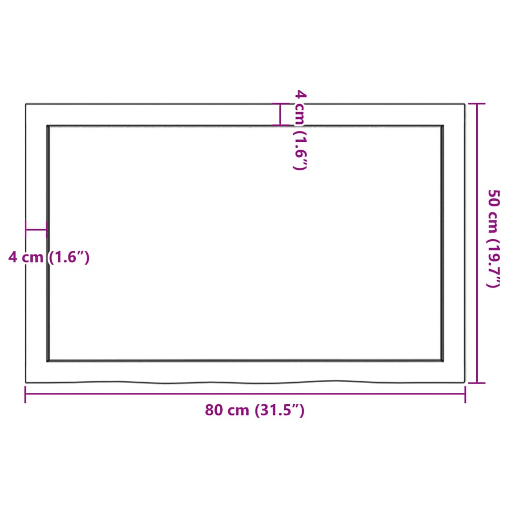 bordplade til badeværelse 80x50x(2-4) cm massivt træ ubehandlet