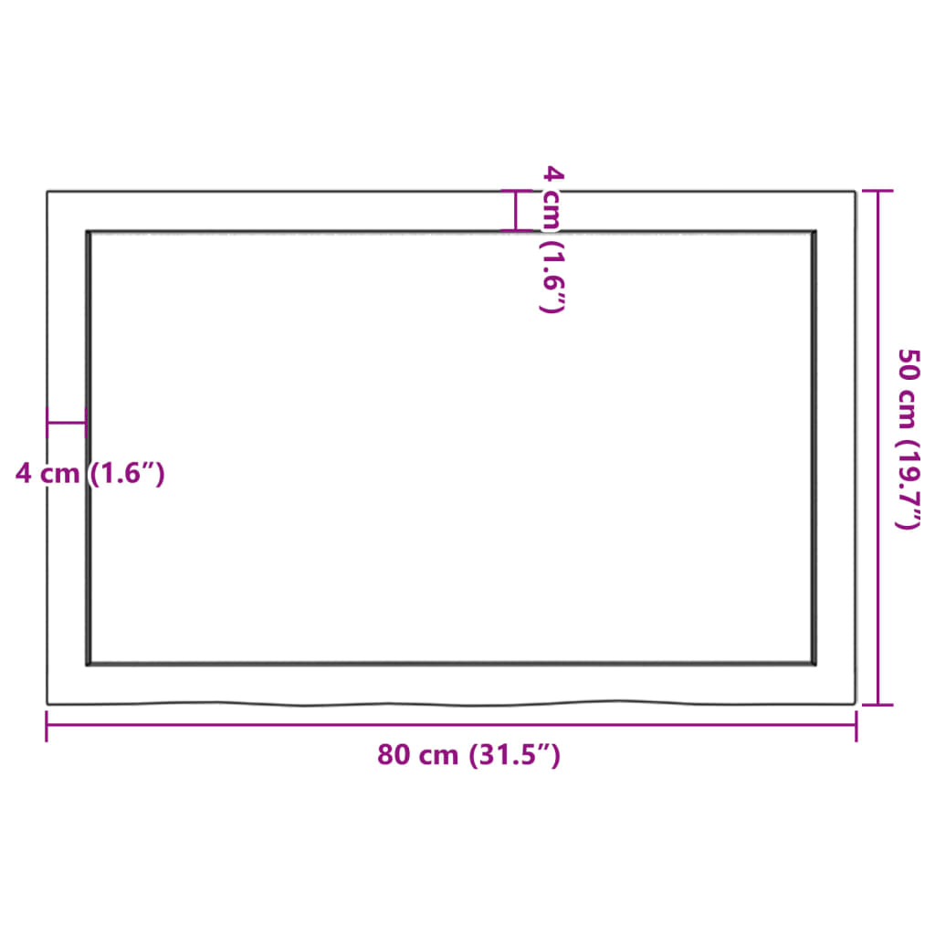 bordplade til badeværelse 80x50x(2-6) cm massivt træ ubehandlet