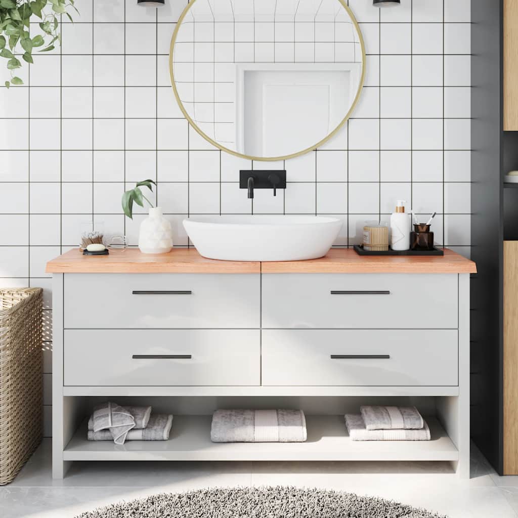bordplade til badeværelse 160x30x(2-4) cm massivt træ lysebrun