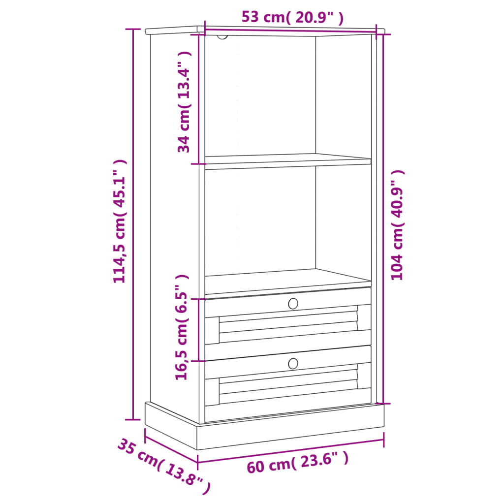 bogreol VIGO 60x35x114,5 cm massivt fyrretræ