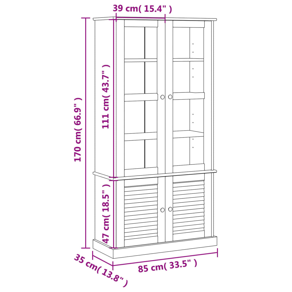 glasskab VIGO 85x35x170 cm massivt fyrretræ