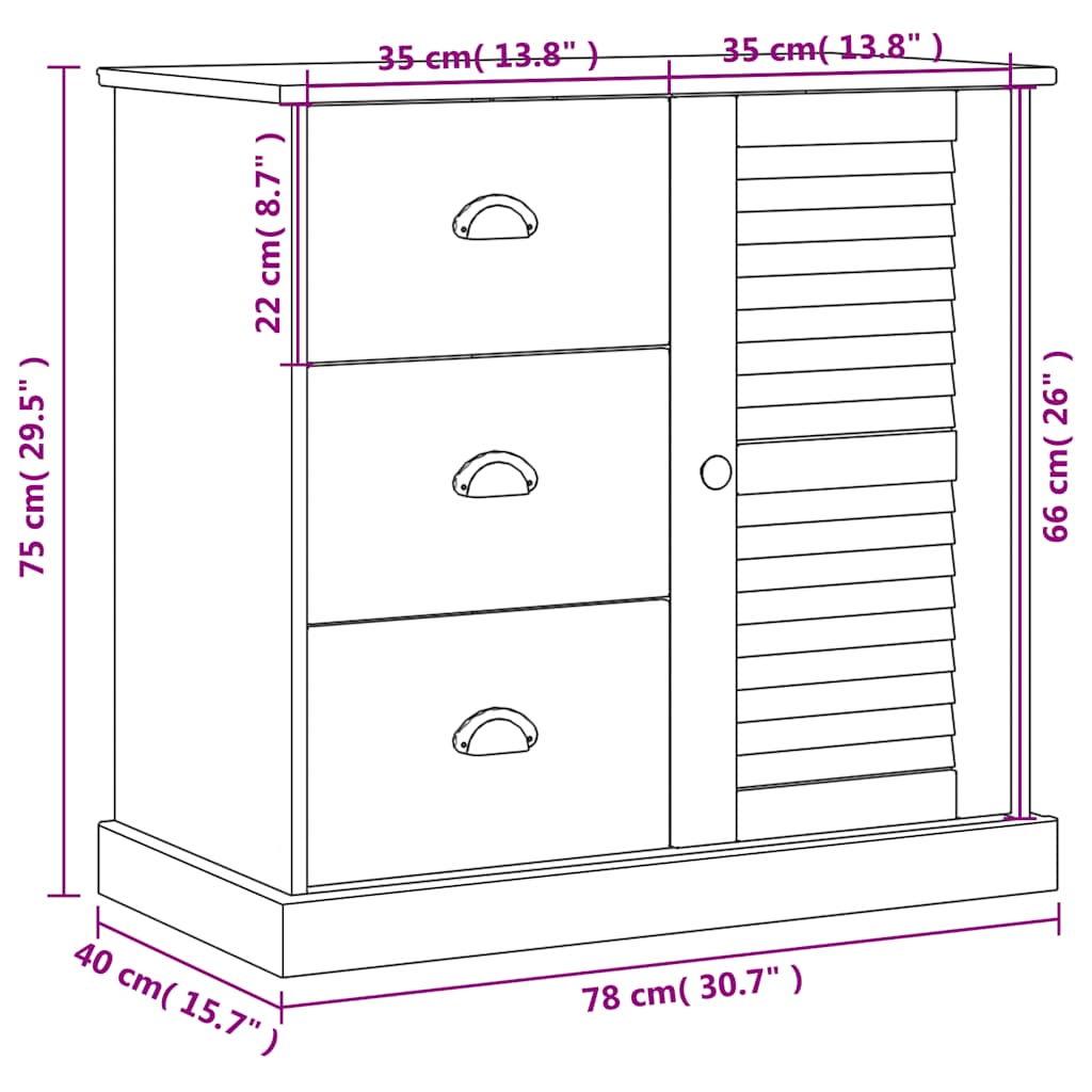 skænk med skuffer VIGO 78x40x75 cm massivt fyrretræ hvid