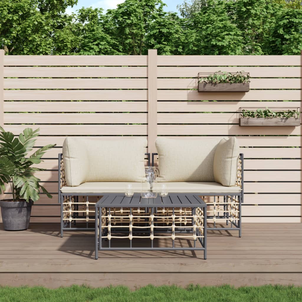 loungesæt til haven 3 dele med hynder polyrattan antracitgrå