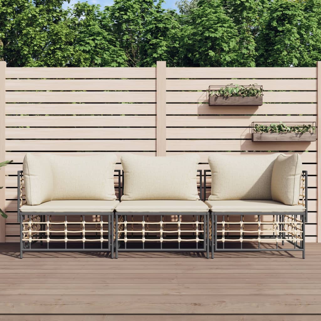 loungesæt til haven 3 dele med hynder polyrattan antracitgrå