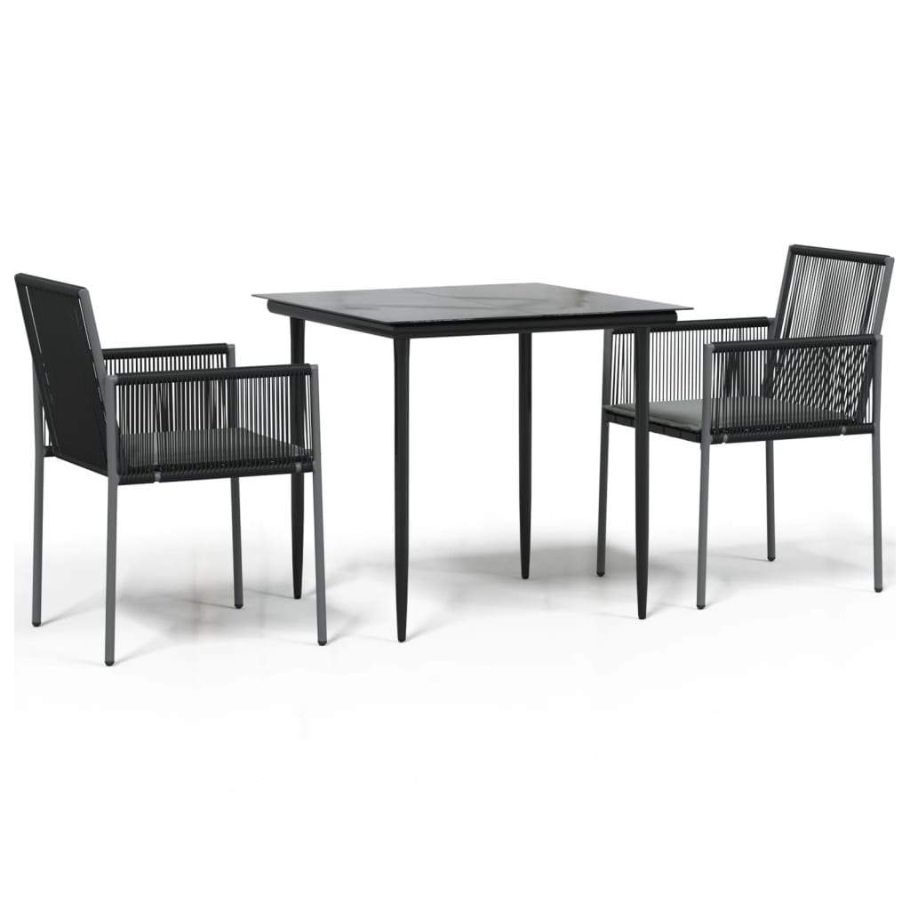 spisebordssæt til haven 3 dele m. hynder polyrattan + stål sort