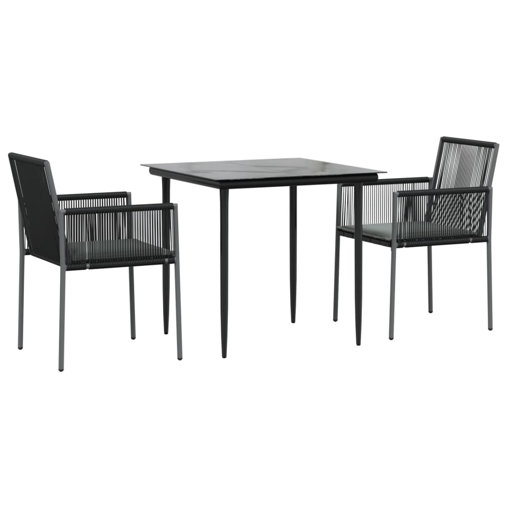spisebordssæt til haven 3 dele m. hynder polyrattan + stål sort