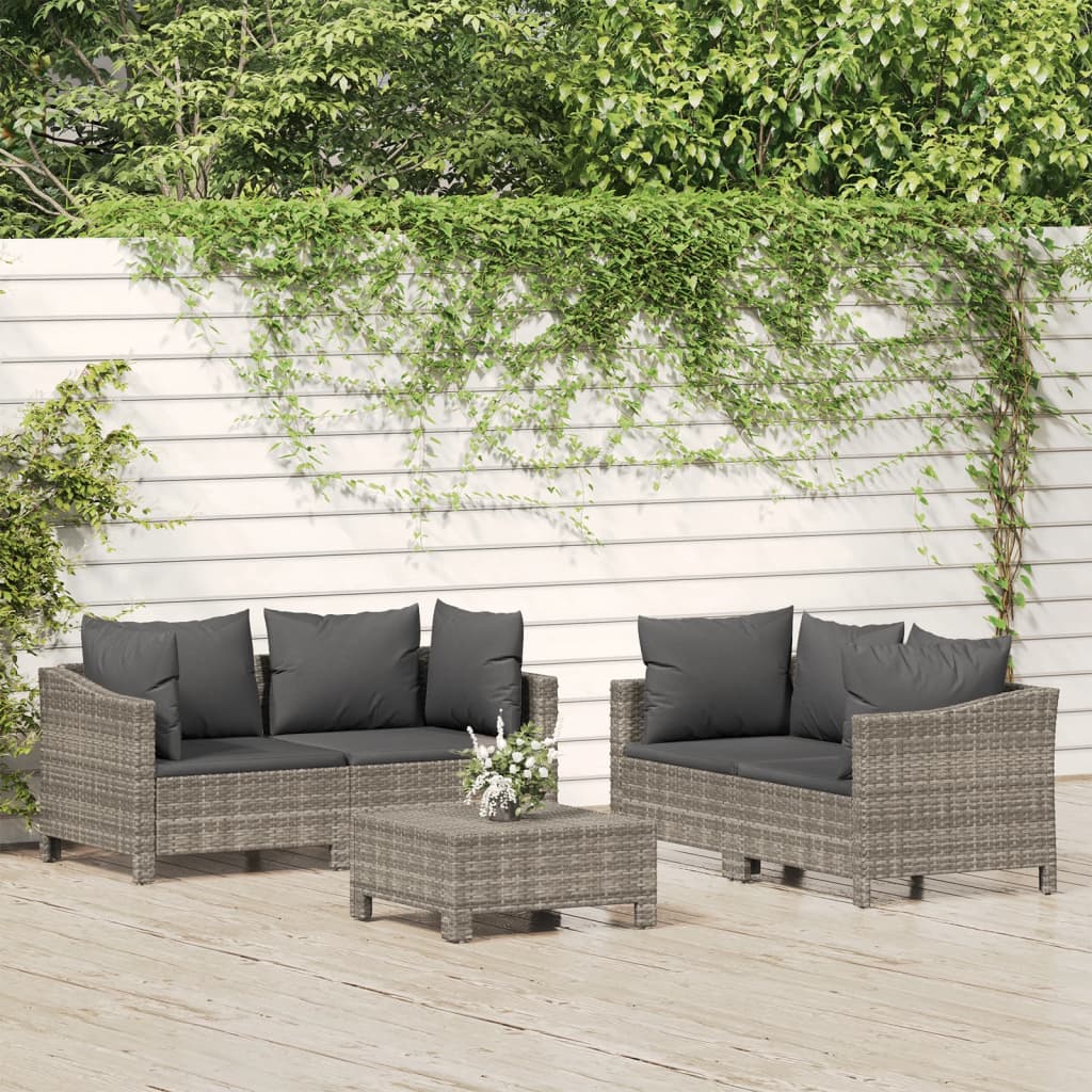 loungesæt til haven 5 dele med hynder polyrattan grå