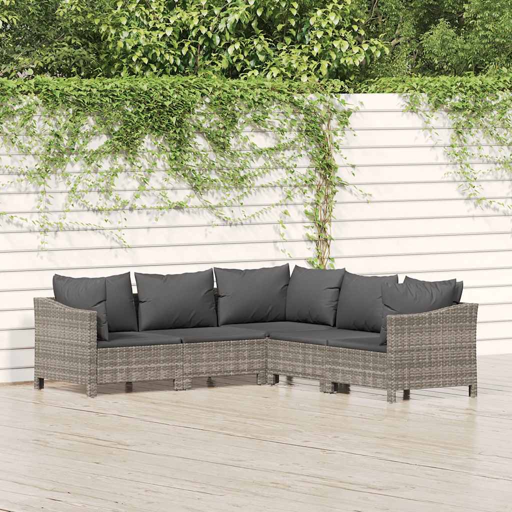 loungesæt til haven 5 dele med hynder polyrattan grå