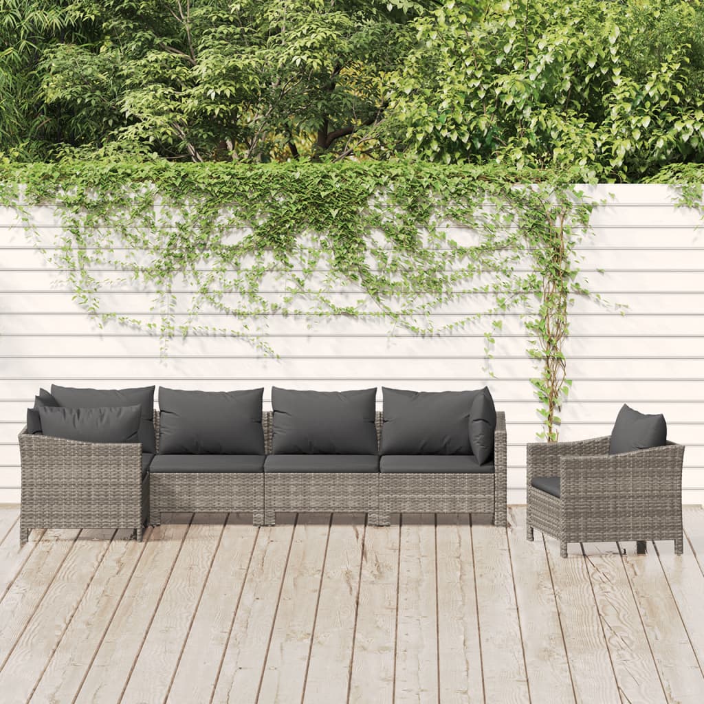 loungesæt til haven 6 dele med hynder polyrattan grå