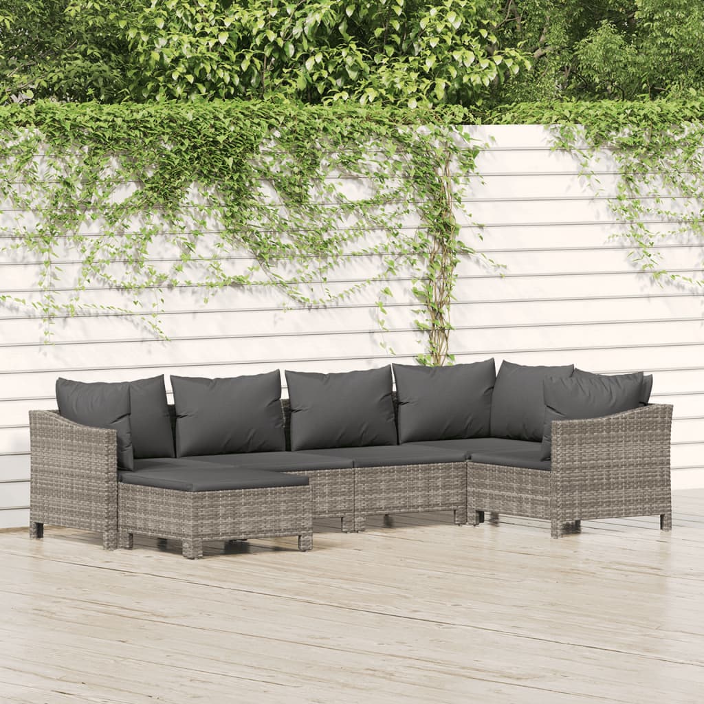 loungesæt til haven 6 dele med hynder polyrattan grå
