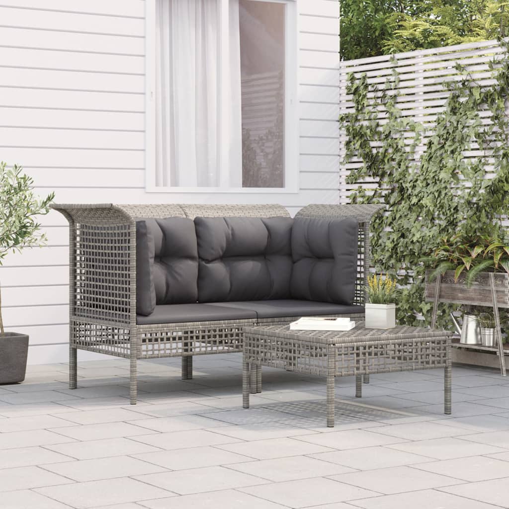 loungesæt til haven 3 dele med hynder polyrattan grå