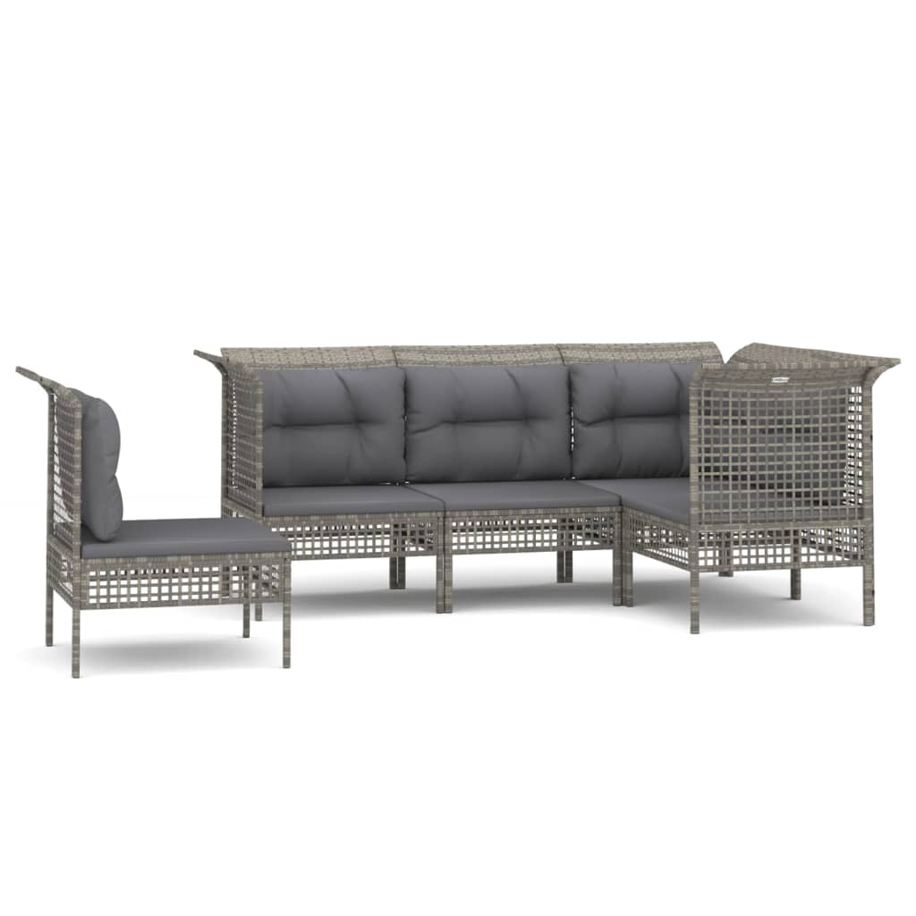 loungesæt til haven 5 dele med hynder polyrattan grå