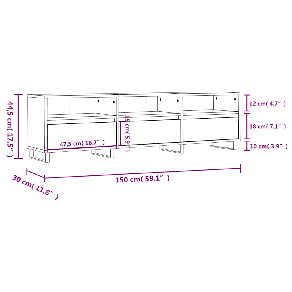 tv-bord 150x30x44,5 cm konstrueret træ betongrå