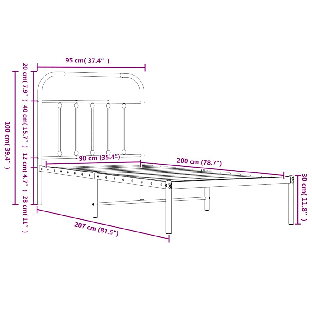 sengeramme med sengegavl 90x200 cm metal sort