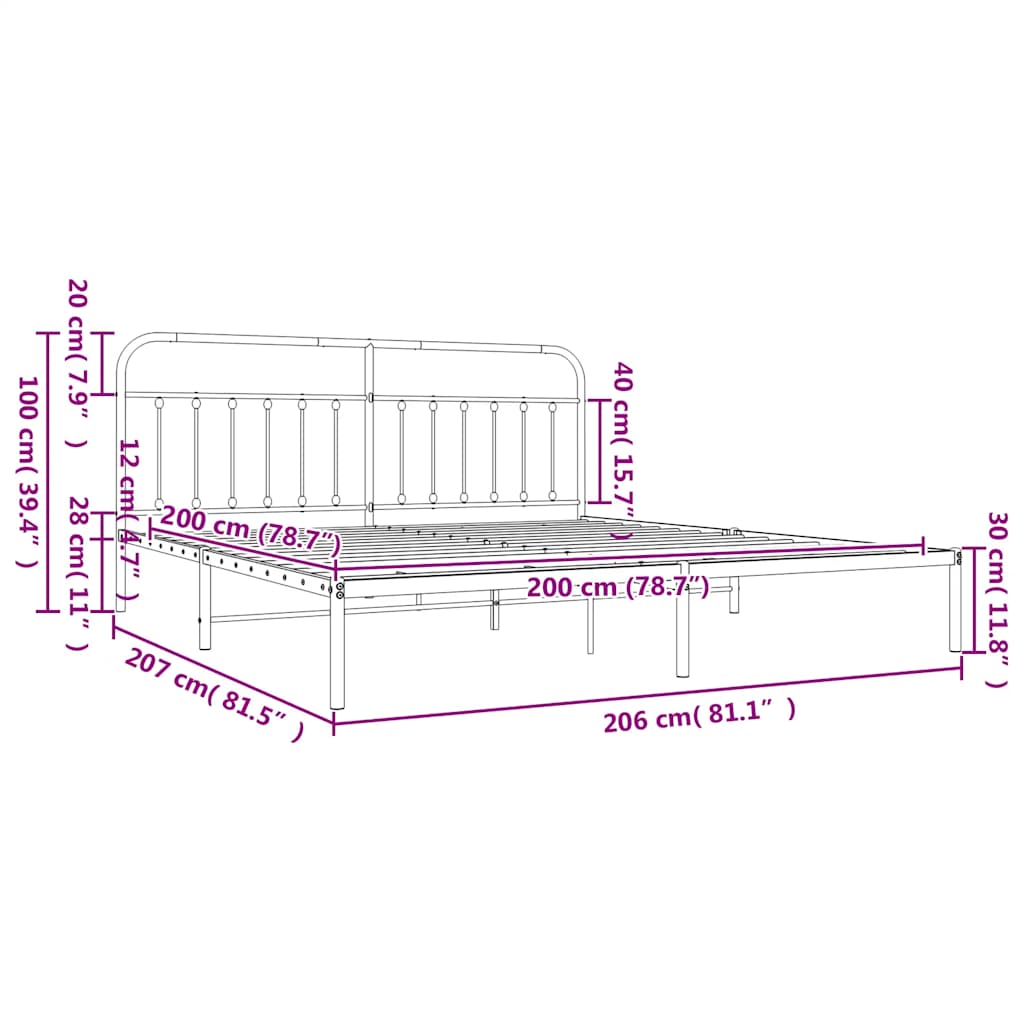 sengeramme med sengegavl 200x200 cm metal sort