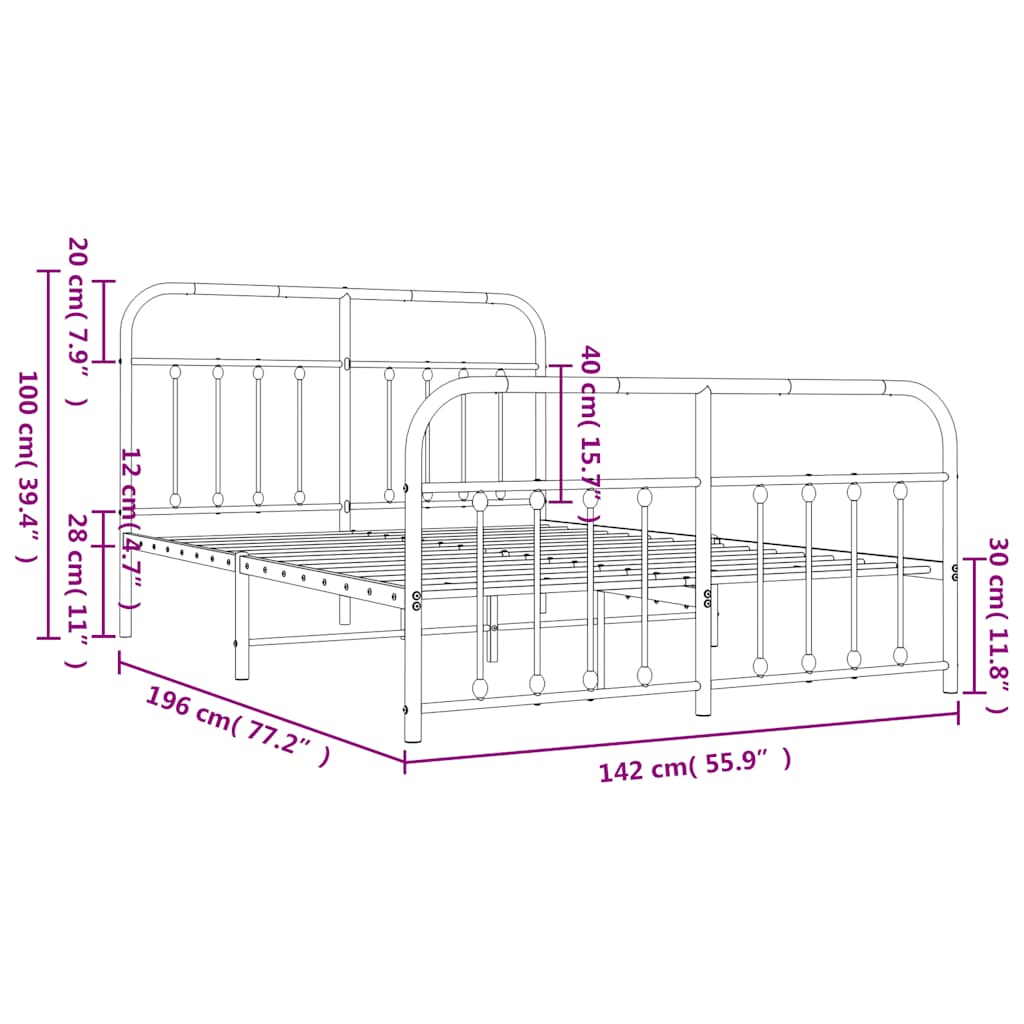 sengeramme med sengegavl og fodgærde 135x190 cm metal sort