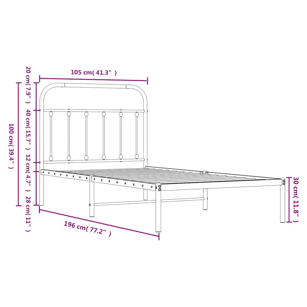 sengeramme med sengegavl 100x190 cm metal hvid