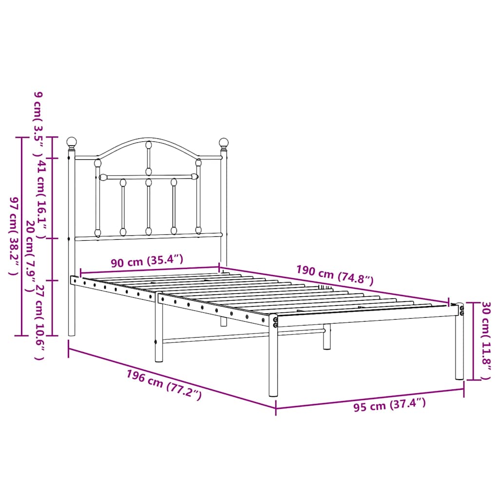 sengeramme med sengegavl 90x190 cm metal sort