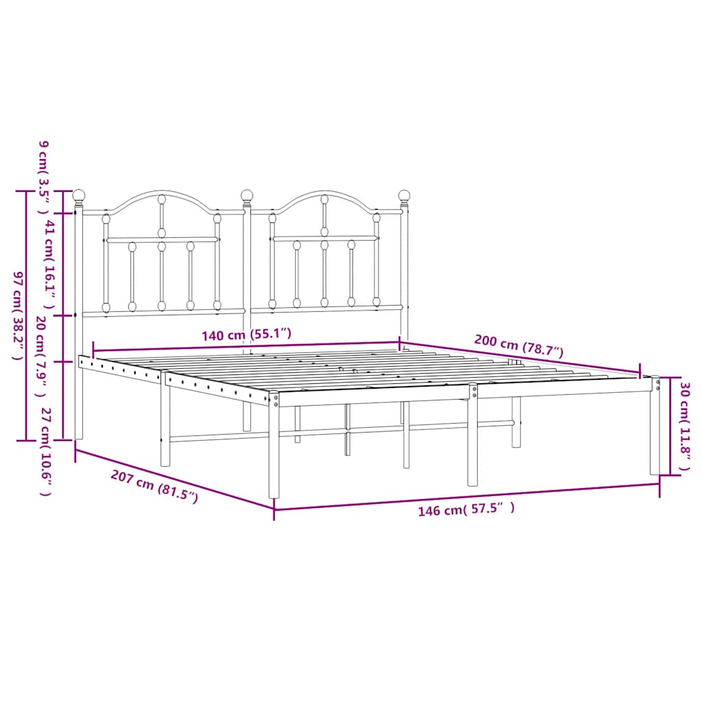 sengeramme med sengegavl 140x200 cm metal sort