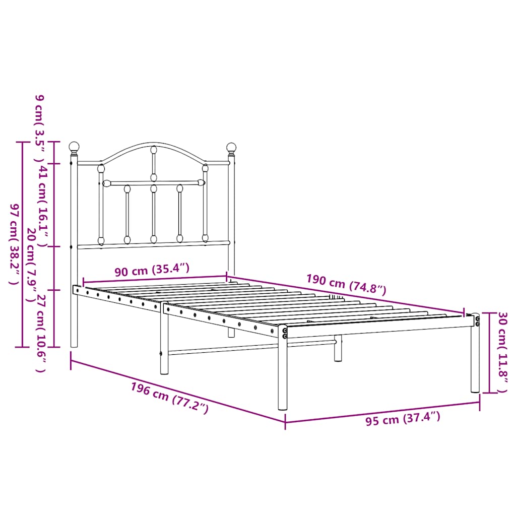 sengeramme med sengegavl 90x190 cm metal hvid