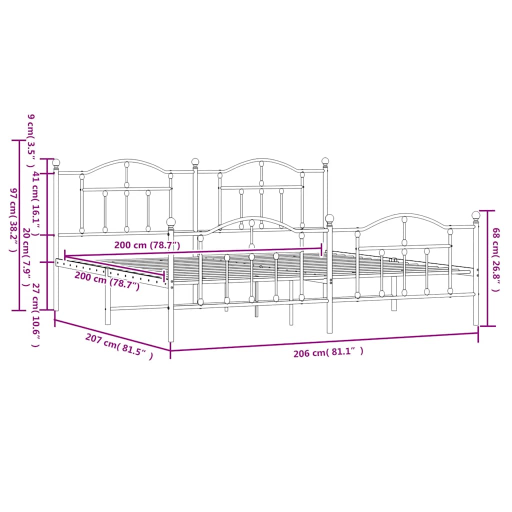 sengeramme med sengegavl og fodgærde 200x200 cm metal hvid