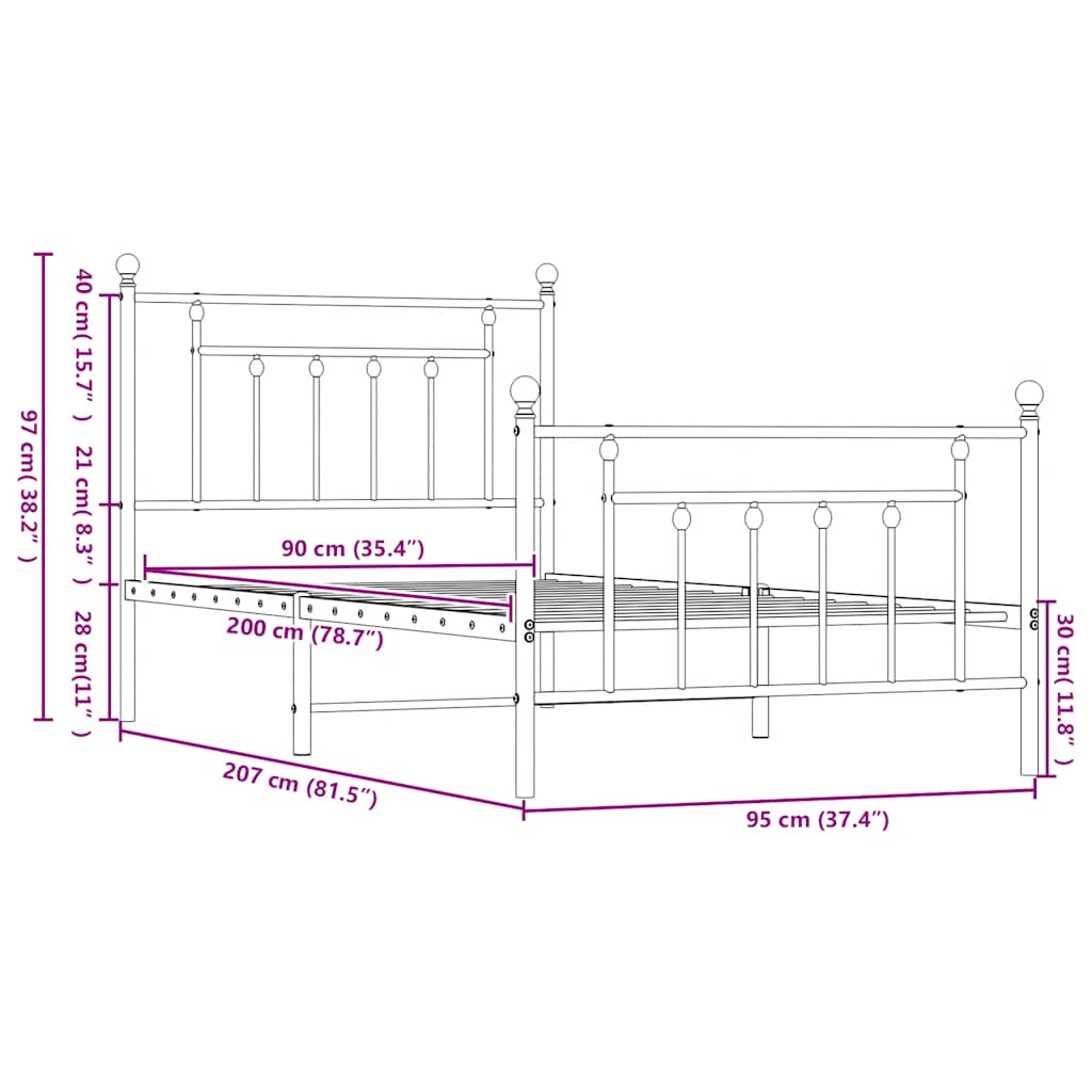 sengeramme med sengegavl og fodgærde 90x200 cm metal sort