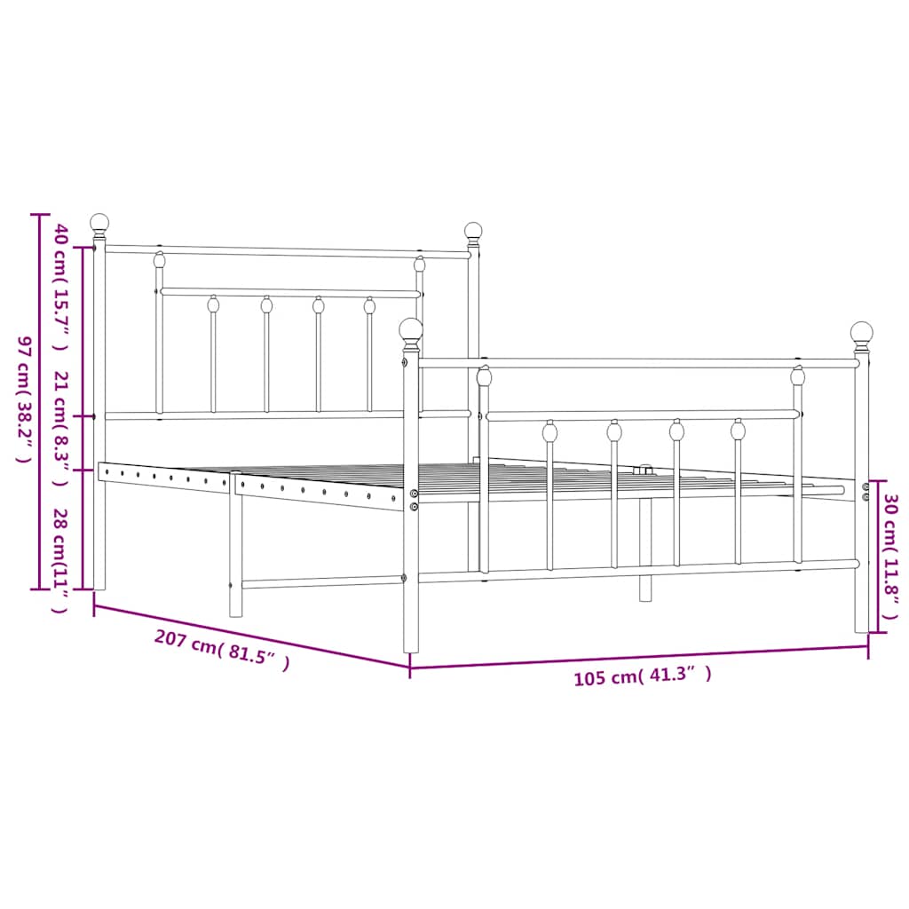 sengeramme med sengegavl og fodgærde 100x200 cm metal sort