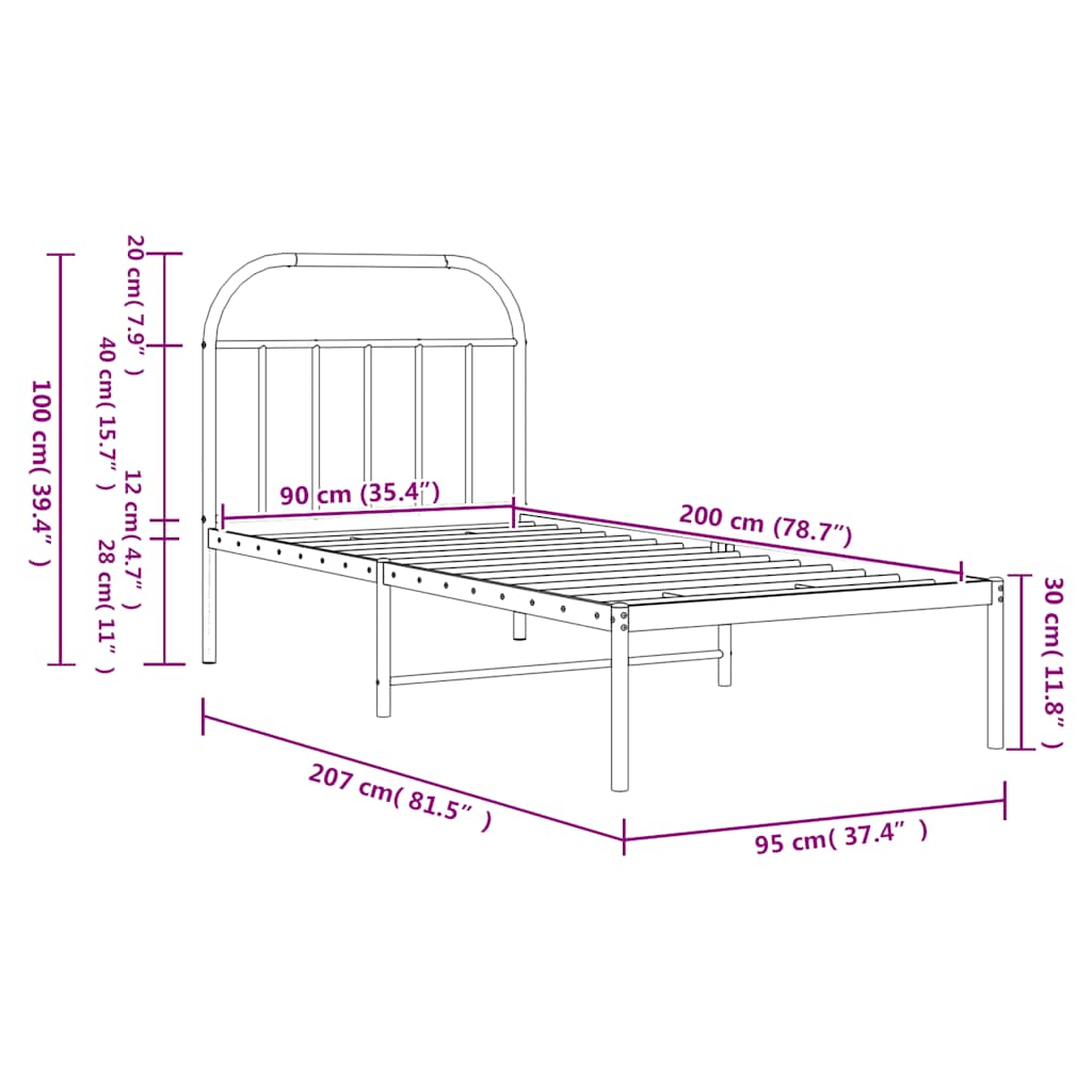 sengeramme med sengegavl 90x200 cm metal sort