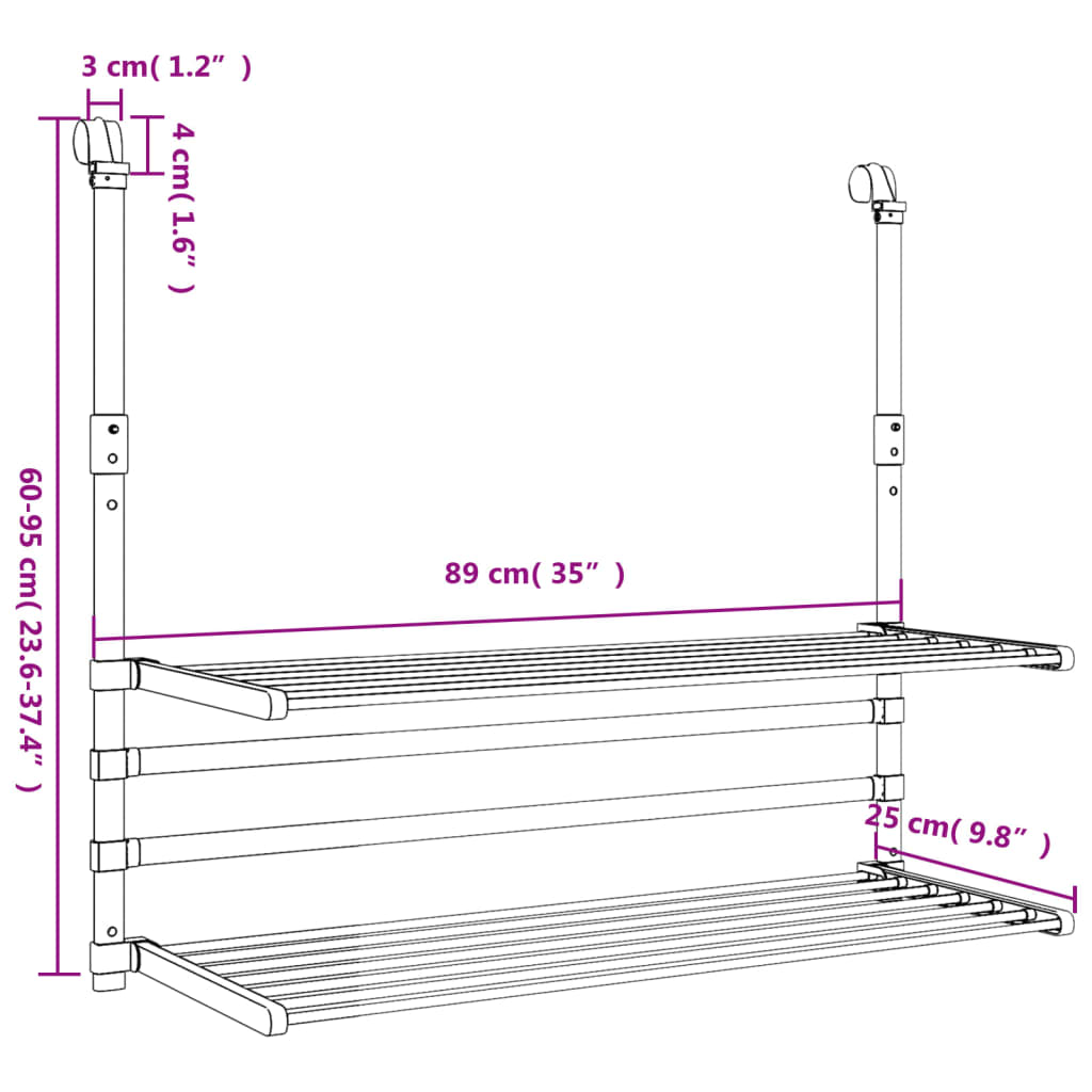 tørrestativ til altan 89x25x(60-95) cm aluminium