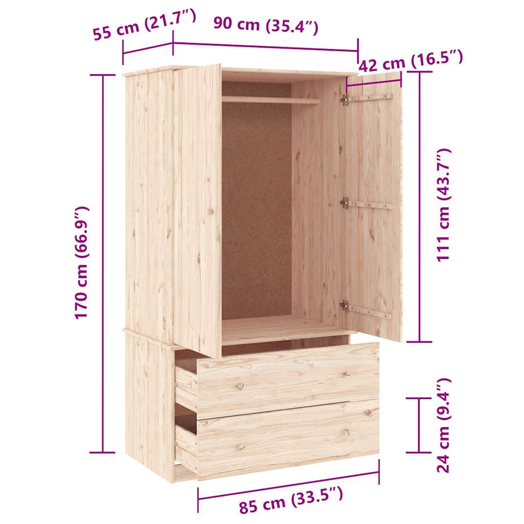 klædeskab ALTA 90x55x170 cm massivt fyrretræ