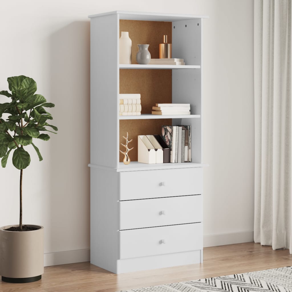 bogreol med skuffer ALTA 60x35x142 massivt fyrretræ hvid