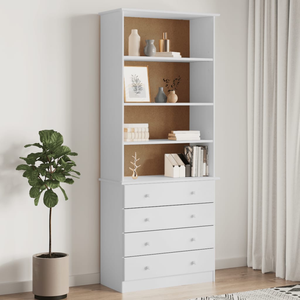 bogreol med skufferALTA 77x35x186,5 cm massivt fyrretræ hvid