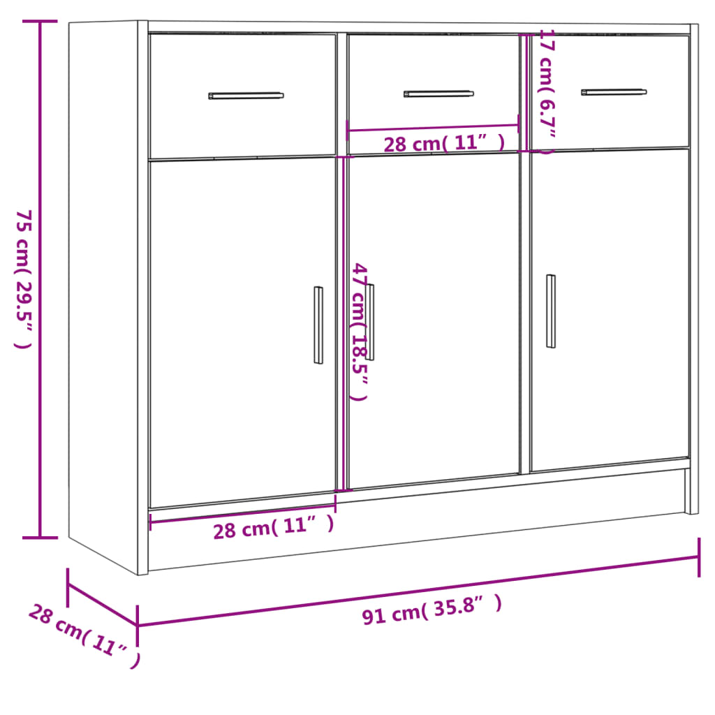 skænk hvid 91x28x75 cm konstrueret træ