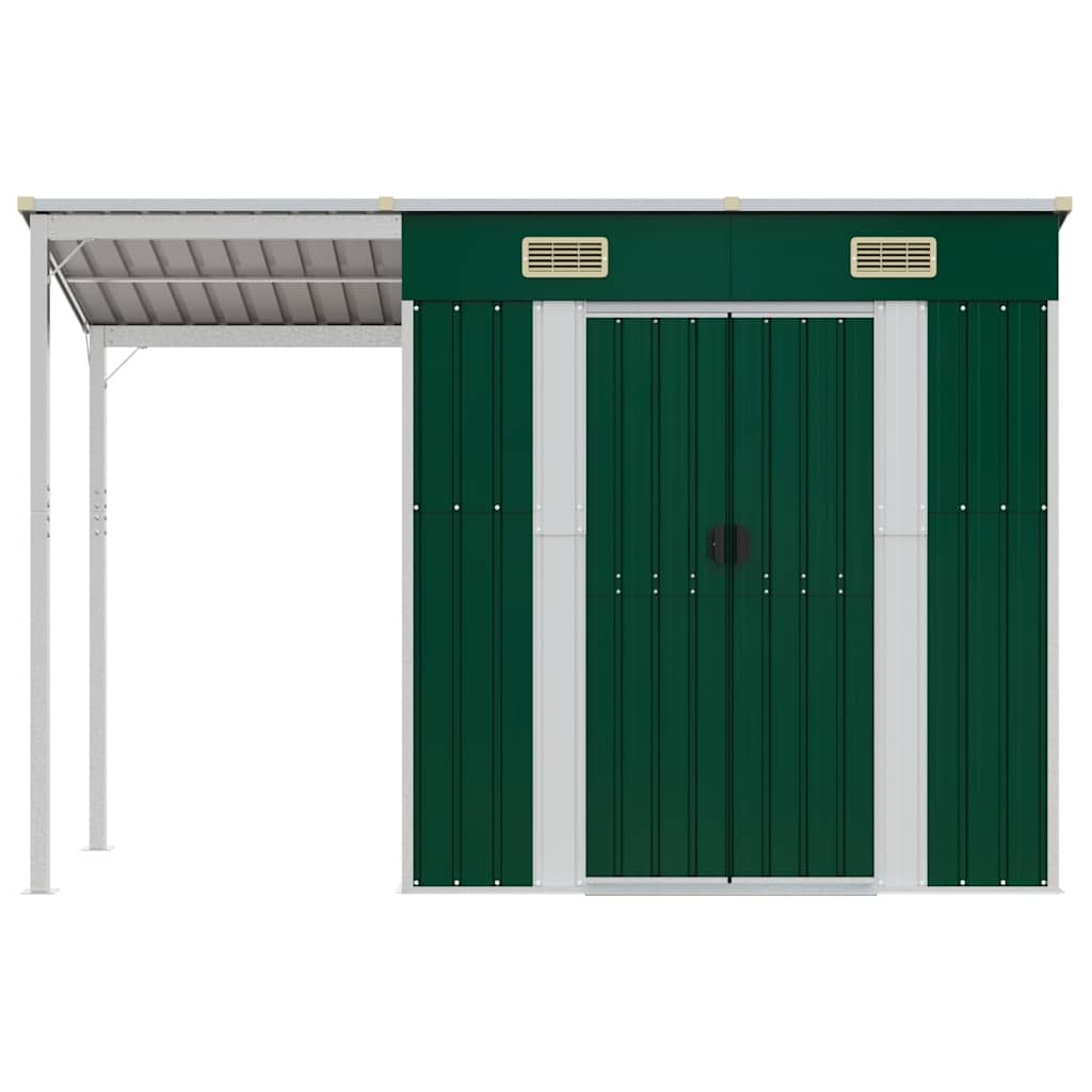 haveskur med udvidet tag 277x107x181 cm stål grøn