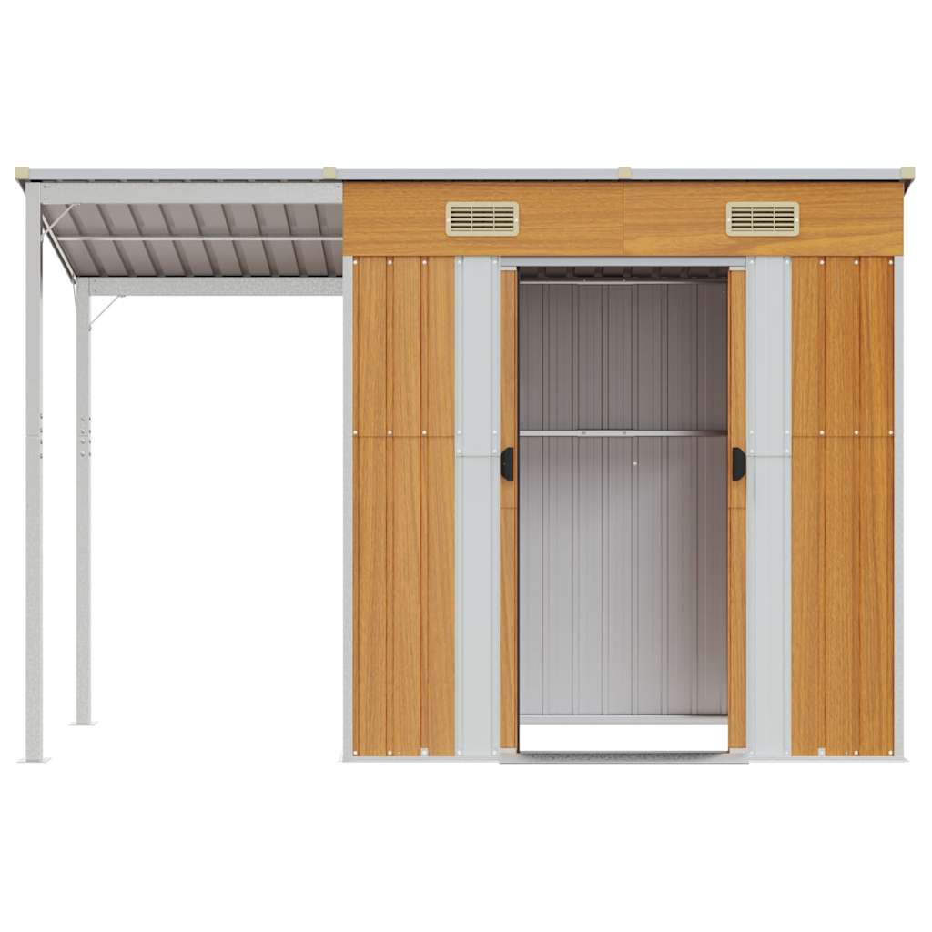haveskur med udvidet tag 277x107x181 cm stål lysebrun