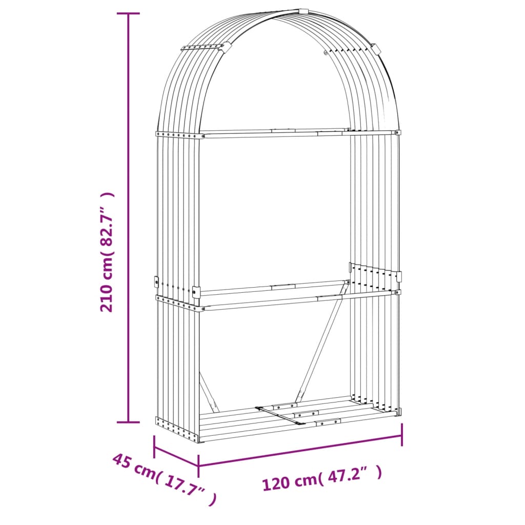 brændestativ 120x45x210 cm galvaniseret stål trælook