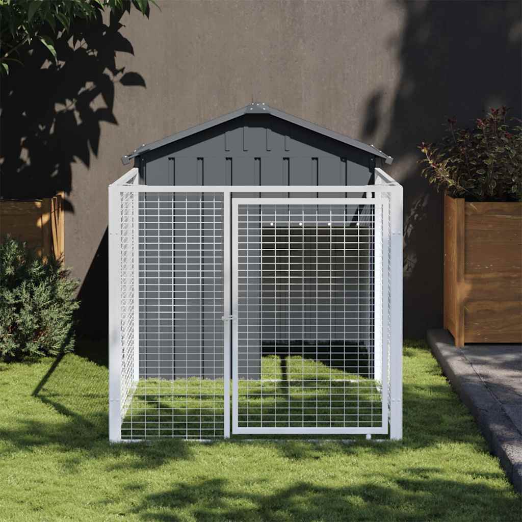 hundehus med løbegård 117x201x123 cm galvaniseret stål antracit