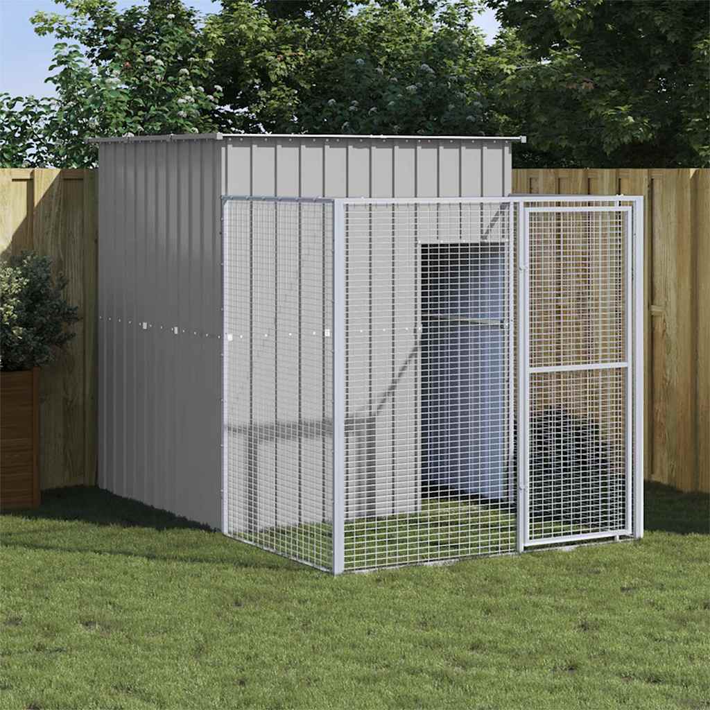 hundehus med løbegård 165x251x181 cm galvaniseret stål lysegrå